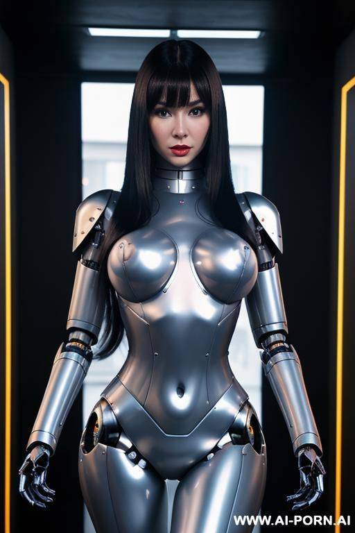 (robot total artificial body tranformer robot woman) with long black hair and black glossy gold metall threads, glowing blue robotic eyes, and a light natural pink complexion. her body is - #main