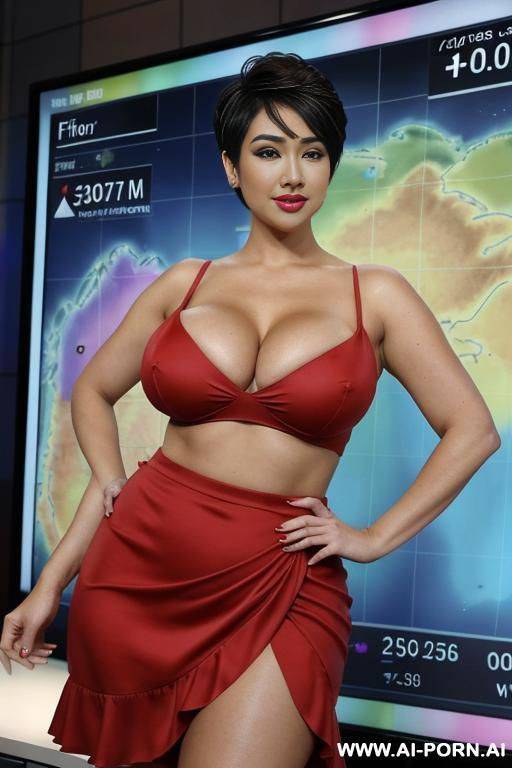 pornstar bimbo, hourglass body, bimbo lips, gigantic fake tits, teapered waist, cumslut milf, curvy body, sexy bimbo face, full body view, ((keep face)), ((keep body)), in news casting station, - #main