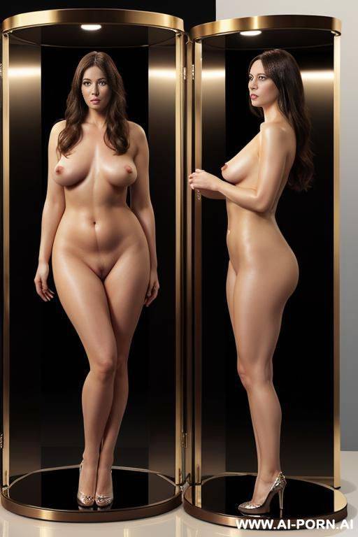 totally nude realistic woman stands in the showcase, ((full body view)) - #main