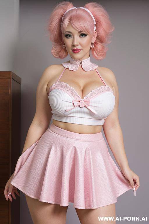 white poodle furry, pink hair, pink ears, chest, thick thighs, bent over, under skirt - #main