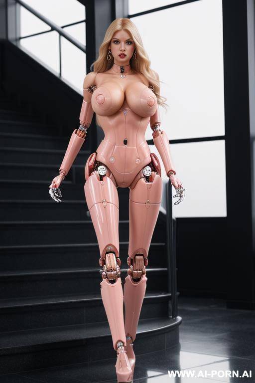 damaged robot, front view, full body view, walking down the stairs in hotel lobby, angry face, beautiful, long straight blonde hair, big lips, wide jaw, heavy makeup, hoop earrings, pink nails, - #main