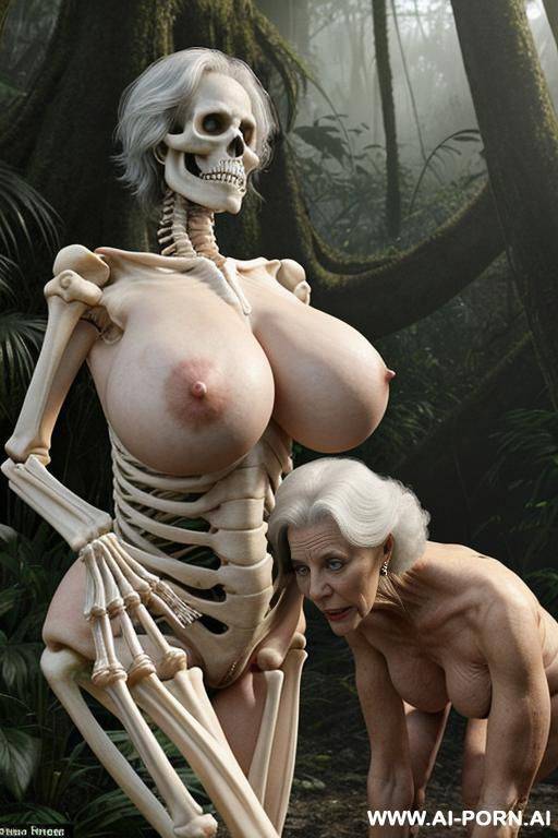 characters on the image: skeleton (imaginary image) and granny (a real ordinary woman); swamp in the rainforest, skeleton (fantastic male in the form of a human male skeleton), skeleton fuck - #main