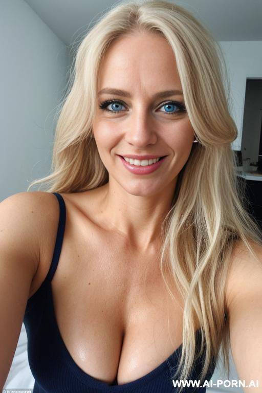 a european woman, smiling, blue eyes, long blond hair, very messy hair, lips, cumshot, selfie - #main