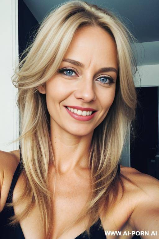 a european woman, smiling, blue eyes, long blond hair, very messy hair, lips, buisness woman, selfie - #main