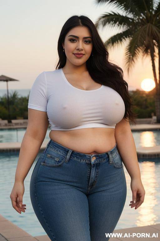 latina, pear shaped, super thicc, supermodel, very wide huge hips, tight hip hugging high rise jeans, chicana, sunset, 23, white tshirt, round belly - #main