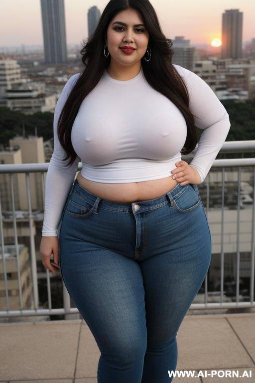 latina, pear shaped, very obese, huge thighs, super rotund, eyeliner, supermodel, very wide huge hips, tight hip hugging high rise jeans, chicana, sunset, 23, white tshirt, round belly - #main