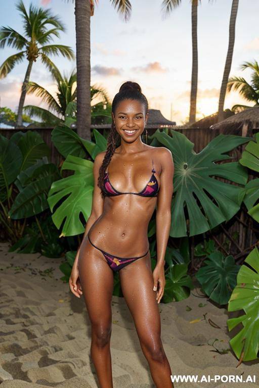 ultra realistic, full body portrait of a beautiful dark skin moana princess papua new guinean woman version standing fully naked to display her wet pussy - #main