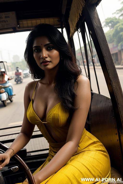 desi woman wearing sal dress sitting in rickshaw next to driver in front - #main