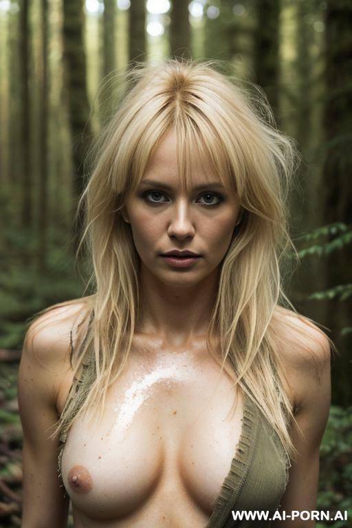 , beautiful blonde scruffy hair woman. lost in a forest. - #main