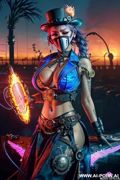 ((((masterpiece)))), (((woman sitting))), (glowing red eyes), (long blue purple and white hair with a flower), ((crop top white collar shirt with red tie)), ((((flaming angel wing)))), ((navy formal - #main