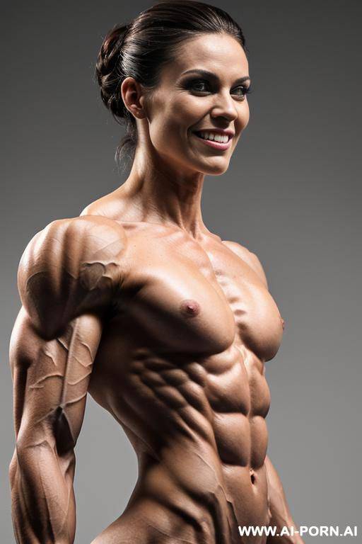 (gray background), view increasing muscle size and definition, (naked), (nude), (shortest most muscular white woman only), ((short)), ((very white pallid skin)), ((hard erotic pink rosy nipples)), - #main