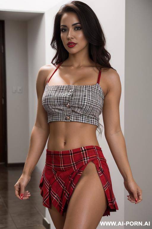 latina, red plaid crop top, ((low-rise short skirt)), big tits - #main