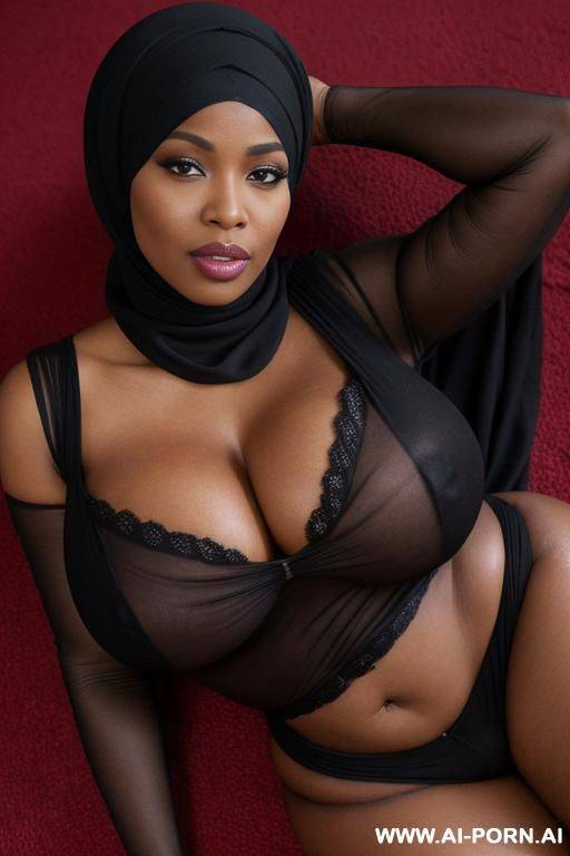 a black woman with a big ass, wide hips, and large, massive breasts. deep cleavage. she is wearing a black hijjab that covers her body. lying on the floor. show boobs and pussy. big lips. - #main