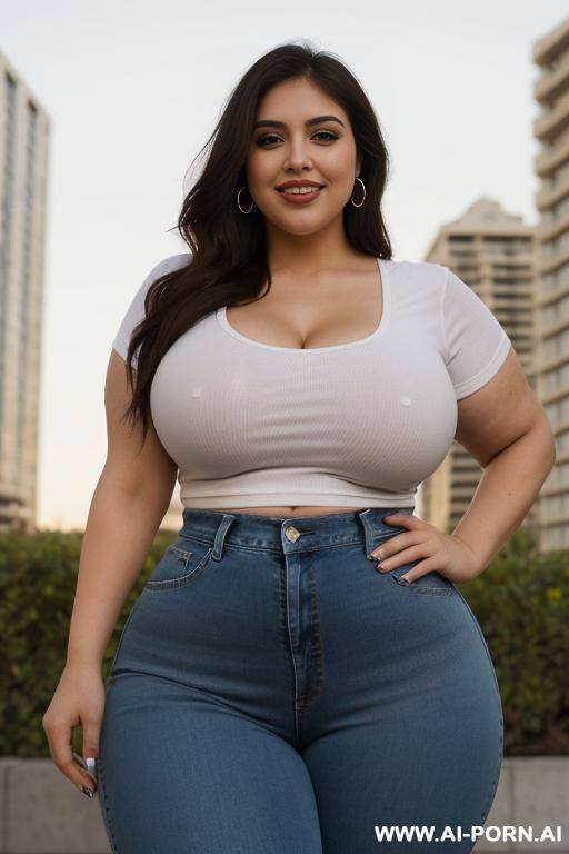 latina, pear shaped, super thicc, supermodel, very wide huge hips, tight hip hugging high rise jeans, chicana, sunset, 23, white tshirt, round belly - #main