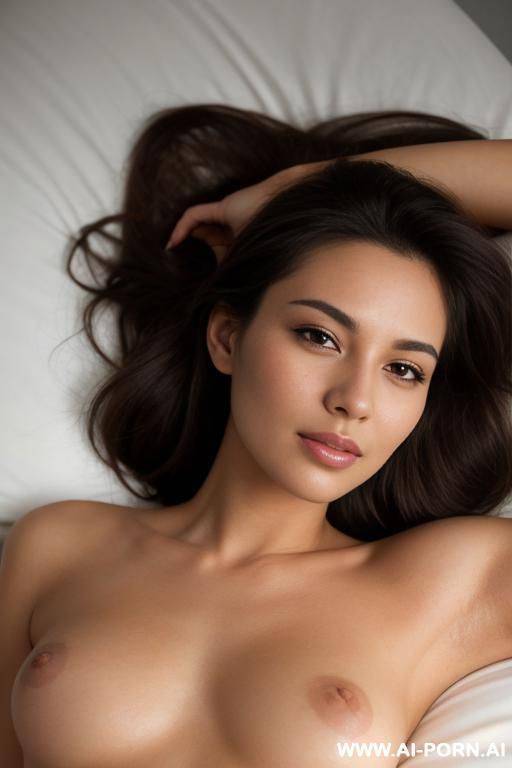 a woman lying down, looking into the camera with a relaxed expression. she has medium-to-long dark brown hair spread out behind her. brown eyes. about 22. her skin is light to medium-toned - #main