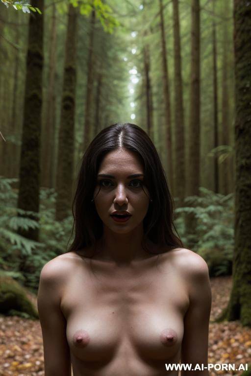 frontal view on naked scared 1 woman in forest, boobs, hairy pussy - #main