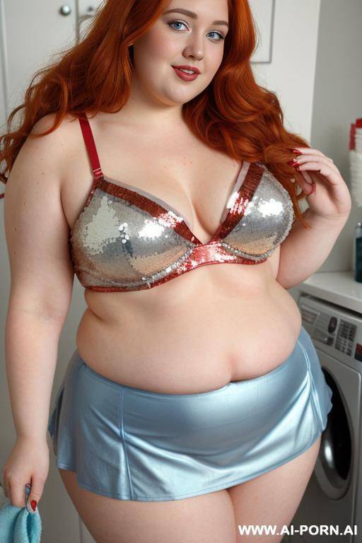 half-length photo, ((half body photo shot close up)). as a set in the laundry area, a (((very obese))) fat chubby fat thick and bbw redhead british, ((she is washing clothes)). she has - #main