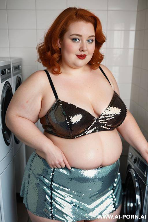 half-length photo, ((half body photo shot close up)). as a set in the laundry area, a (((very obese))) fat chubby fat thick and bbw redhead british, ((she is washing clothes)). she has lovehandless. she is wearing ((a sequins micro-skirt pinup lingerie)). - #main