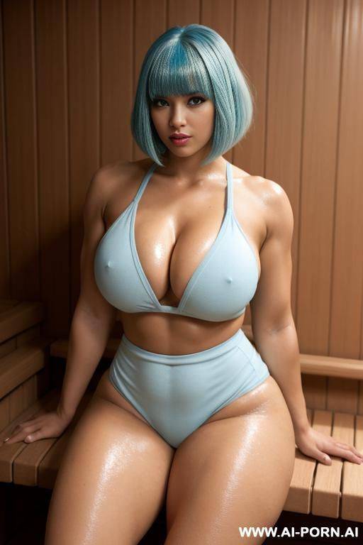 bob with bangs haircut, light blue hair, beautiful atractive hispanic woman, huge bulked up thighs, gigantic thighs, strong legs - #main