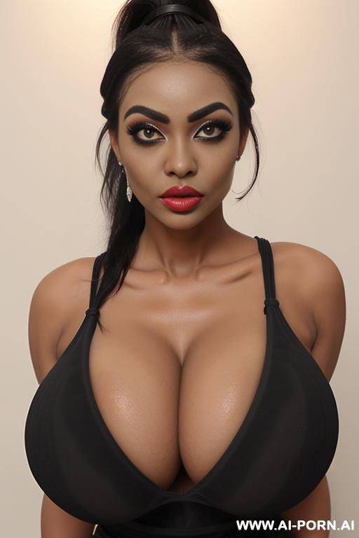 (((gigantic low hanging teardrop breasts))), extreme hourglass figure, ugandan, (((wide silicone lips))) cleavage (((big round eyes))) (((slutty))) - #main