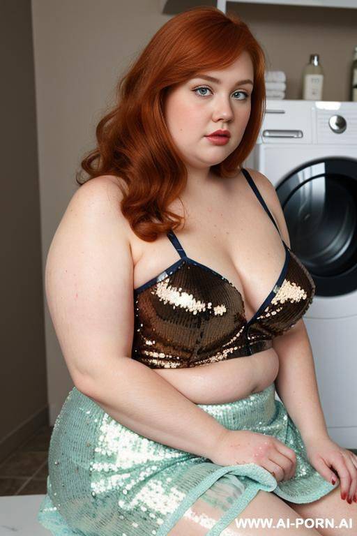 half-length photo, ((half body photo shot close up)). as a set in the laundry area, a (((very obese))) fat chubby fat thick and bbw redhead british 1 old, ((she is washing clothes)). she - #main