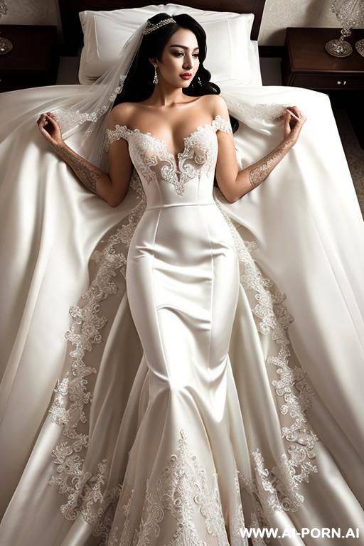 2 korean idol wear sheer wedding dress and kissing, lay on bed - #main