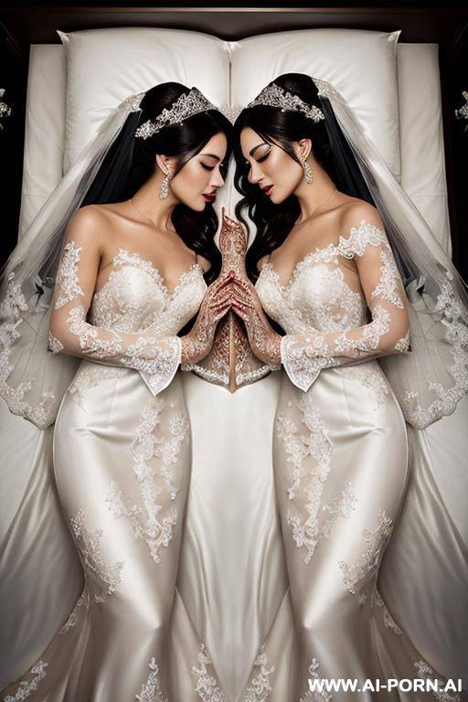 2 korean idol wear sheer lace wedding dress and kissing on bed, 2 womans are pressing each other on the bed, lay on bed - #main