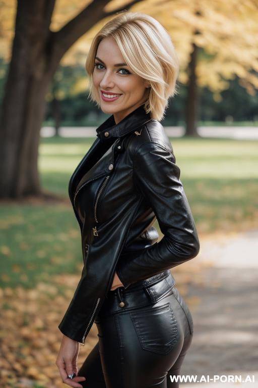 beautiful blonde, gorgeous face, face, medium-short hair, perfect body, trim figure, stunning, perfect, fully clothed, smiling, tight black t-shirt, 2, black leather jacket, standing in park - #main