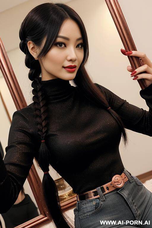woman black long hair red turtleneck jeans selfie photo in the mirror - #main