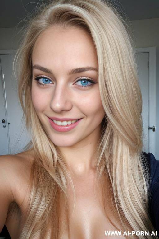 a european woman, smiling, 20 years old, blue eyes, long blond hair, very messy hair, lips, naked, selfie, masturbating - #main