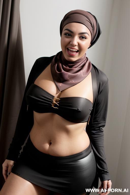 pakistani hot woman, (((((black arabic head scarf))))), brown skin, (((very wide hips))), extremely wide hips, dark brown nipples, (((exposed boobs))), nude, big hard brown nipples with big areolas. black skirt, selfie - #main
