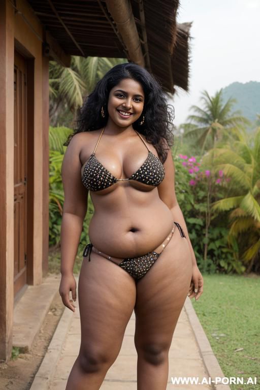 indian chubby, long curly hair, dark skin, standing, front view, smiling, legs wide open, near village house, legs wide open, hairy, extremely low bikini, hairy pubic area, dark nipples - #main
