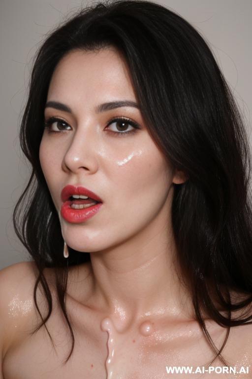 cum is dripping from her mouth. she has cum all over her face, hair, neck, and breasts. there is cum on the dick. she also has cum all over her hands and arms. - #main