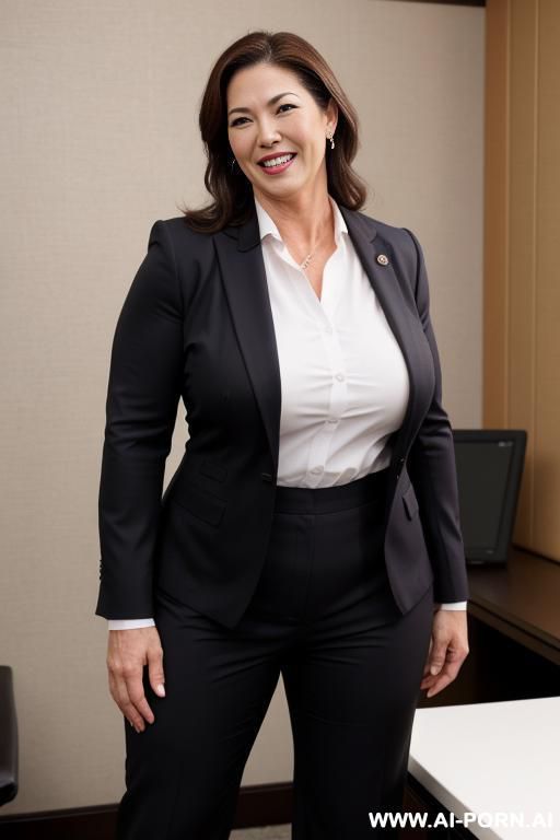 a muscle massive ass mature woman wearing a business suit is watched by naked many taller bbw women, japanese, surprised and smile - #main