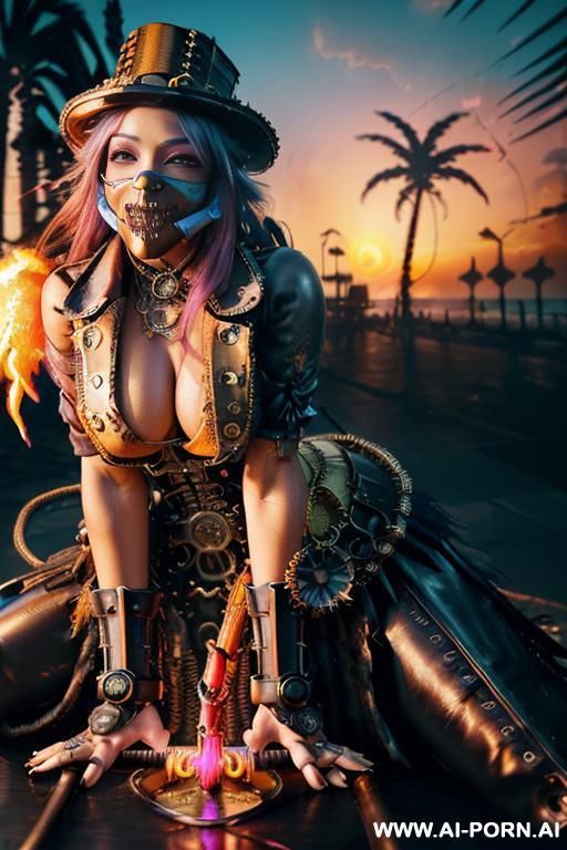 ((((masterpiece)))), (((woman sitting))), (glowing red eyes), (long blue purple and white hair with a flower), ((crop top white collar shirt with red tie)), ((((flaming angel wing)))), ((navy formal - #main