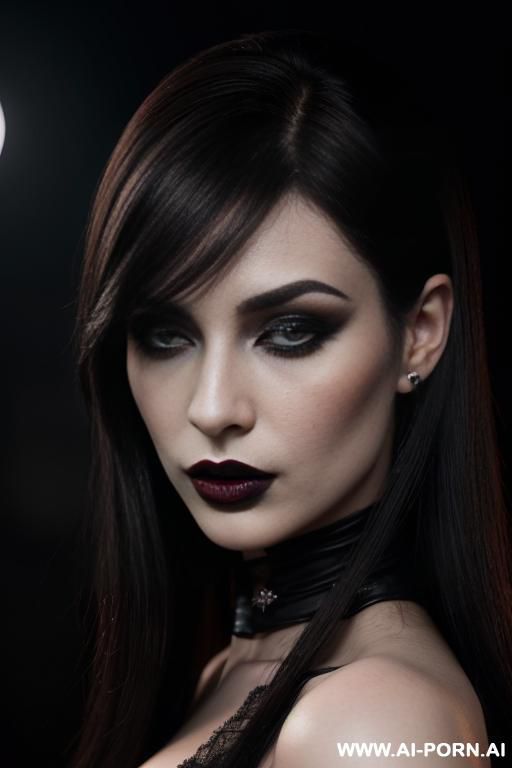 beautiful gothic woman standing with misty gothic makeup, porcelain skin, smoky black eyes, dramatic winged eyeliner, dark matte lipstick (burgundy or black), high contrast, vampiric aesthetic, elegant - #main