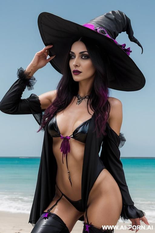 beautiful naked goth woman on beach with slightly open mouth and blue eyes - #main