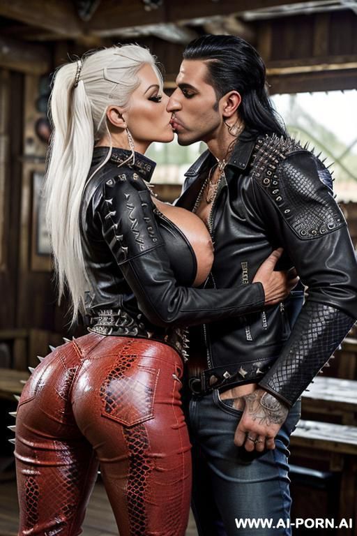 ((((arab rap gilf kissing a muscular punk man on the lips)))) with ((((((gigantic tits)))))) and (((long hair))), (makeup) , (((tight spiked red python print leather jacket))) (((tight spiked - #main