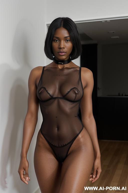 (((ultra-realistic seductive))) ((black woman, ebony woman, walking, full body view)) slender tits, wispy bangs, narrow chin, narrow back, bitty breast, (((white transparent lingerie))), tinny body, plats - #main