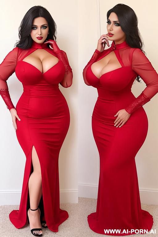 a b-wearing arab woman in her thirties. fair-skinned. curvy figure. very large, firm breasts. large buttocks. black eyes. long, tight-fitting red dress with full sleeves. high heels. heavy makeup. (full-length front view) - #main