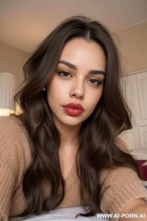 light brown wavy hair, oversized sweater, no panties, bedroom, on bed, eye contact, ((plump lips)), ((full lips)), ((big lips)), ((oversized lips)), lean body, horny, influencer, cutie - #main