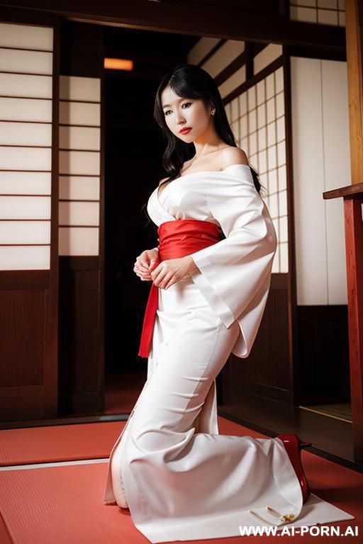 white kimono and red skirt , kneeling in temple - #main