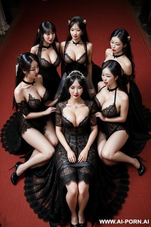 qeen in black wedding dress, pet collar, monstrous, (((lace ))), lace black clothes, many women in orgy, hugging - #main