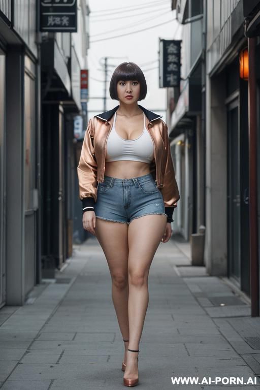 hentai woman , ((bobcut whith bangs)), ((gigantic low hanging saggy breasts)), ((hour-glass figure)), slutty, ((white pallid skin)), ((full body view)), ((details face)), ((walking in city street oof)), rock woman ((shorts sport)) - #main