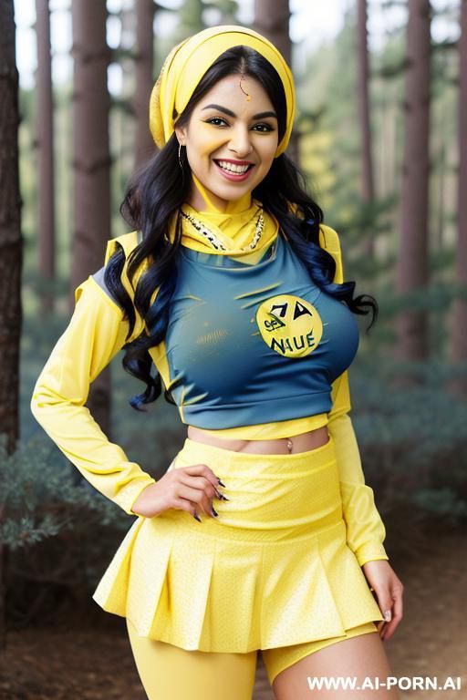 hot face, brown skin, extreme wide hips, very wide hips, extreme wide hips, black nipples, nude, naked, ((full body shot)), pine and birch forest next to a lake, (((arabic head scarf))), (((((((blue and yellow outfit)))))) - #main