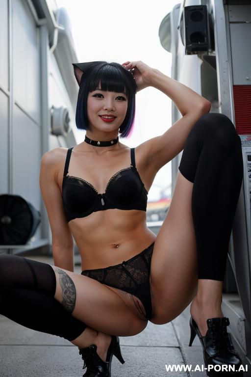 plane boobs, carre cut, arrow chin, narrow back, bitty breast, choker, black lingerie, circle butt, tummy, tinny, plane, irregular bangs, tight forehead, hooked nose, narrow lips, rounded head, disheveled, wrinkled face, slanted eye, long bob - #main