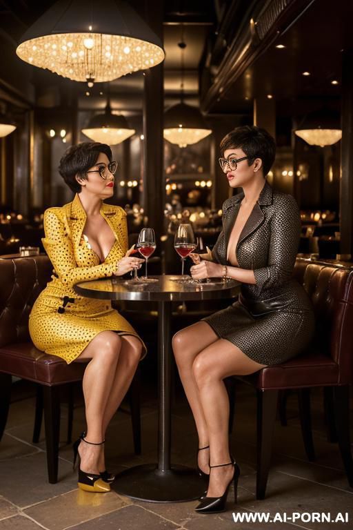 (hot milf) (brunette) (huge boobs) (glasses) (high heels) ((short hair) (tight yelow dotted pencile dress) (full body shot) (show me head to toe whole body) - #main