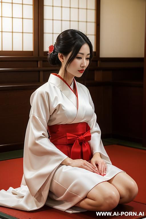 white kimono and red skirt , kneeling in temple - #main