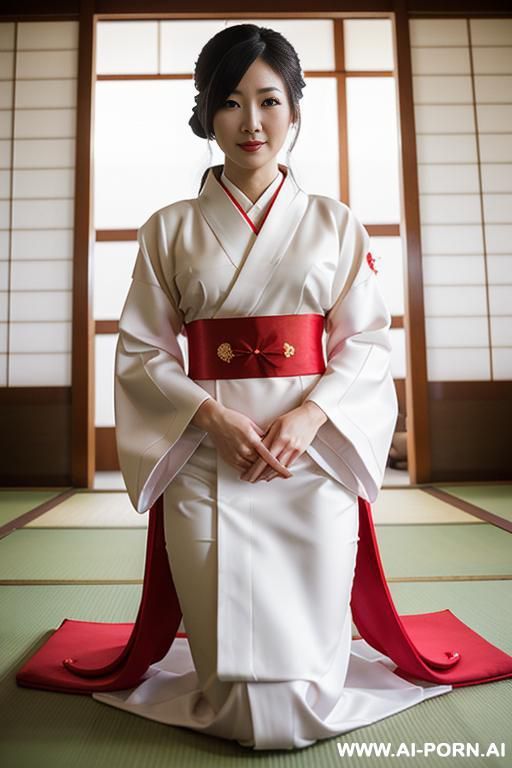 white kimono and red bottom , kneeling in temple - #main