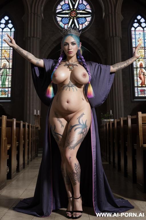 orgy, gigantic tits, big fat round ass wearing vanity platform sandals and wearing pentagram necklace, wearing crown of flowers, arms in the air worshiping pentagram, pregnant, posing sexualy next to crucifix - #main